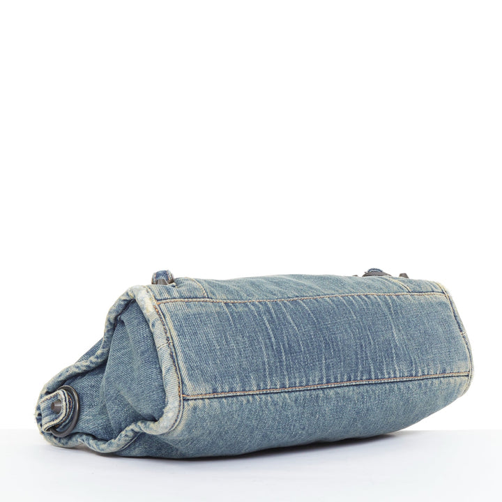 BALENCIAGA Le City Small blue washed denim gunmetal studded top handle bag