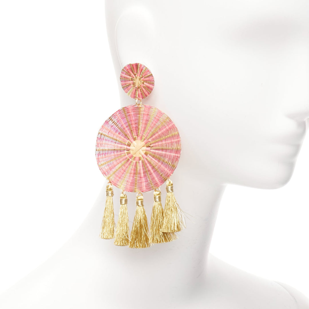 MERCEDES SALAZAR gold pink metal applique tassel clip on earrings
