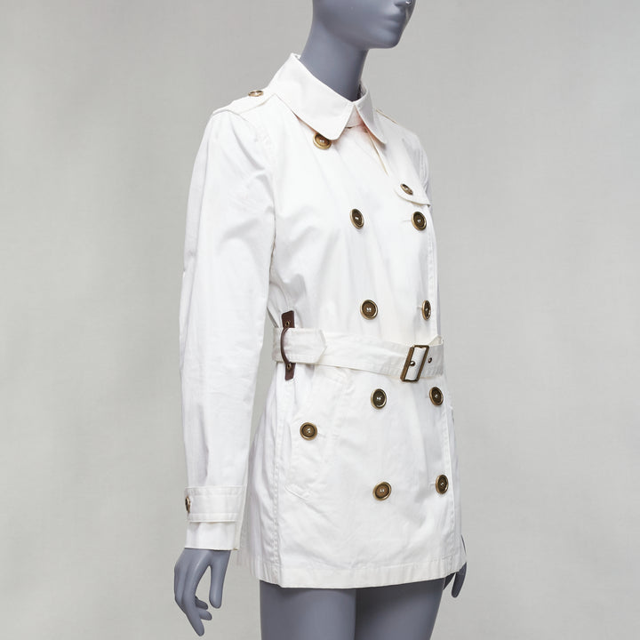 BURBERRY BRIT cream cotton metal logo buttons short trench coat UK10 M