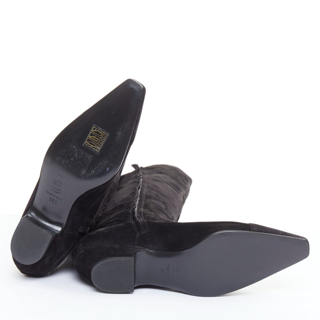 CHANEL 2018 Runway Forest Fairies black suede pointed square toe knee boots EU38