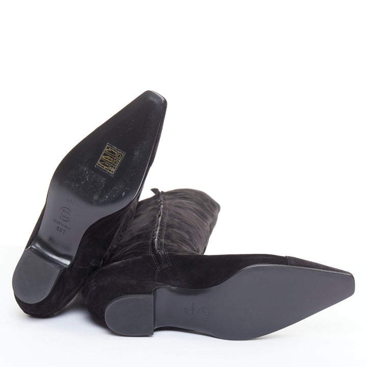 CHANEL 2018 Runway Forest Fairies black suede pointed square toe knee boots EU38