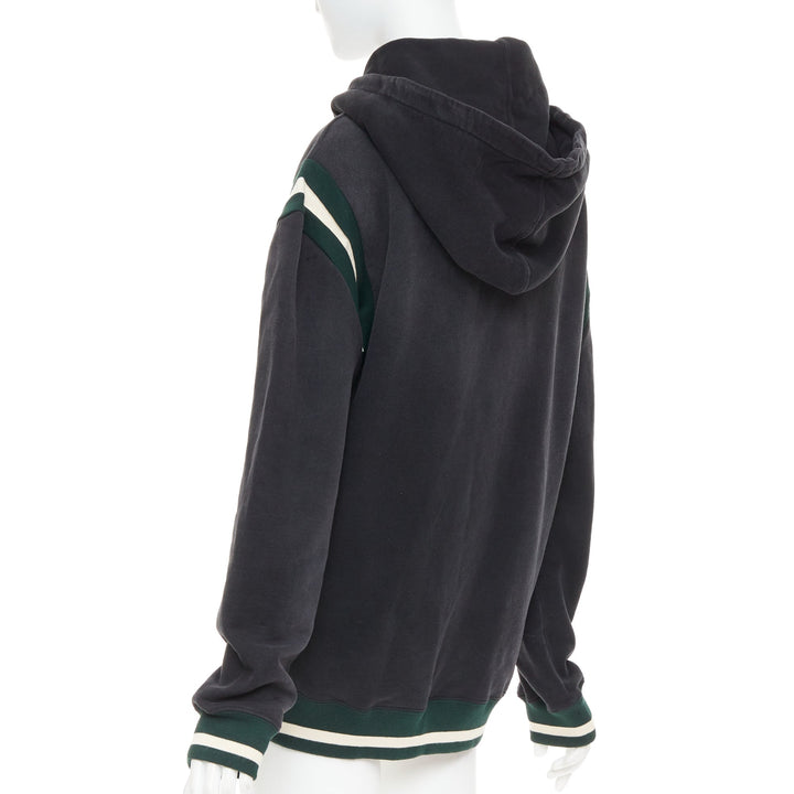 SAINT LAURENT 2022 grey washed cotton green alpaca logo patch varsity hoodie XS