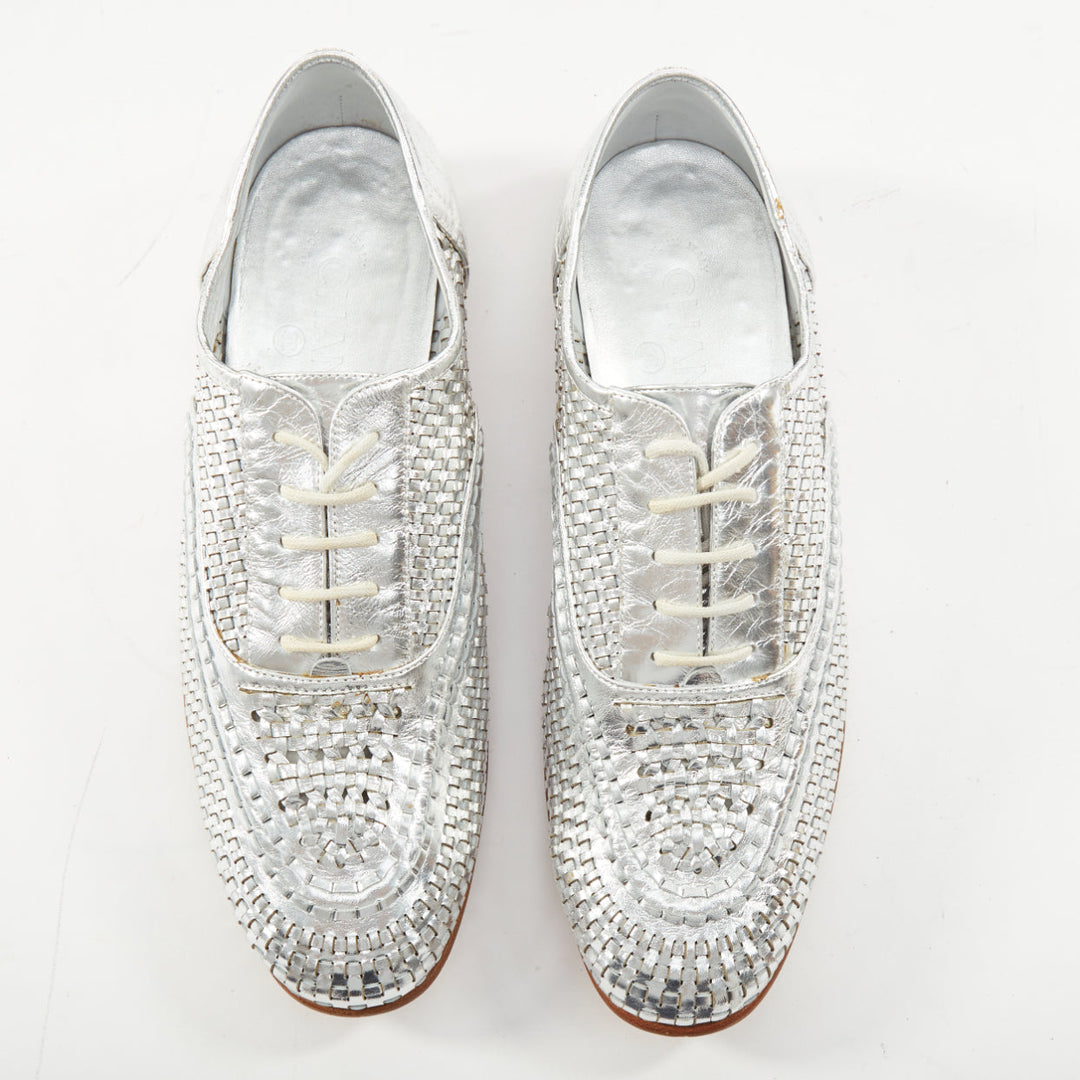 CHANEL 2016 interlocking CC metallic silver woven leather oxford EU39 US9
