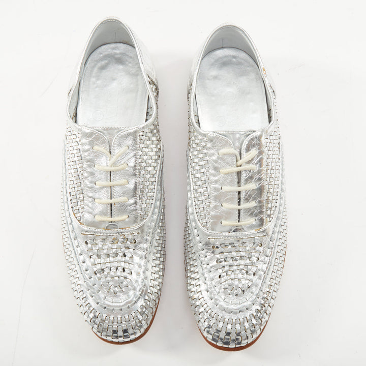 CHANEL 2016 interlocking CC metallic silver woven leather oxford EU39 US9
