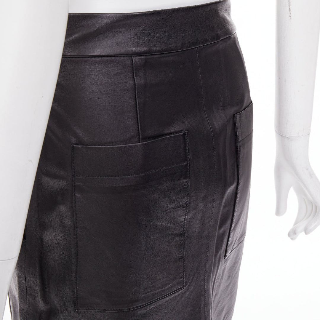 TIBI black lambskin leather pleated front panelled back slit midi skirt US00 XXS