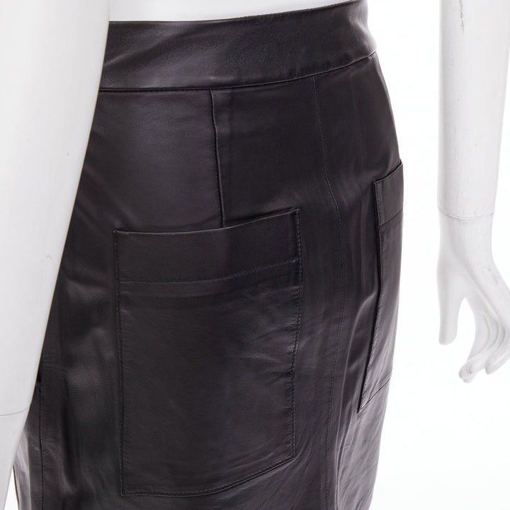 TIBI black lambskin leather pleated front panelled back slit midi skirt US00 XXS