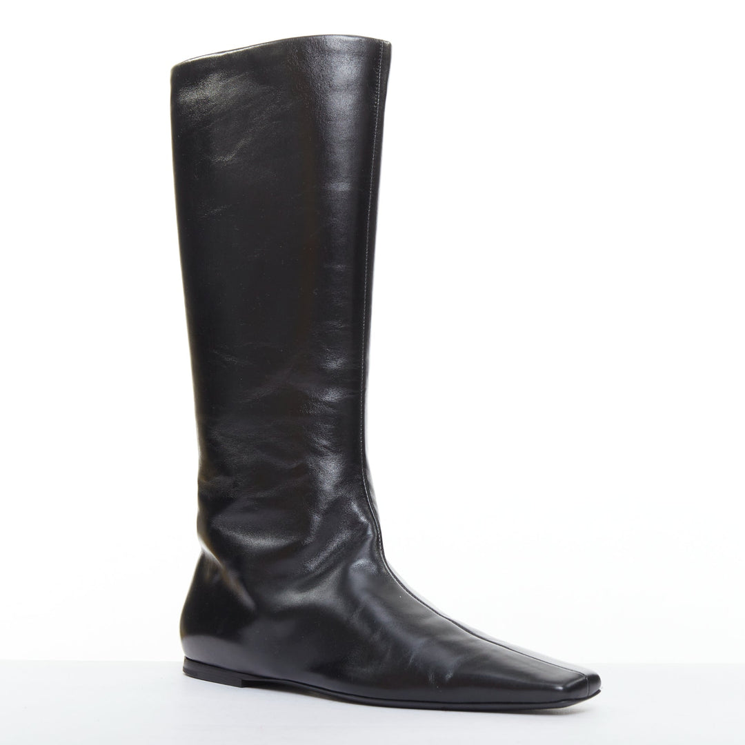 THE ROW Bette black leather square toes knee high flat boots EU37.5