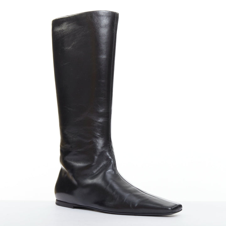 THE ROW Bette black leather square toes knee high flat boots EU37.5