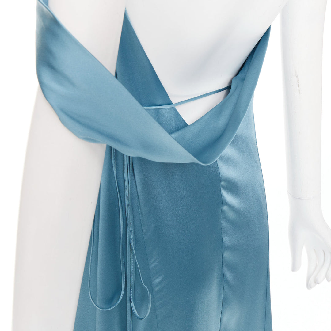MICHELLE MASON teal blue 100% silk strappy cowl wrap high slit gown dress US4 S