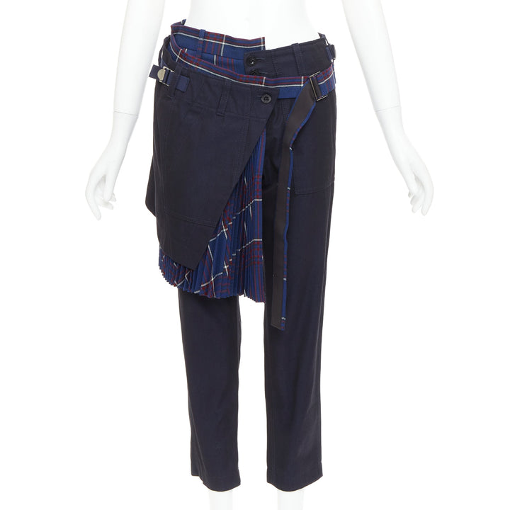 SACAI 2018 navy red cotton wool plaid kilt deconstructed cropped pants JP1 S