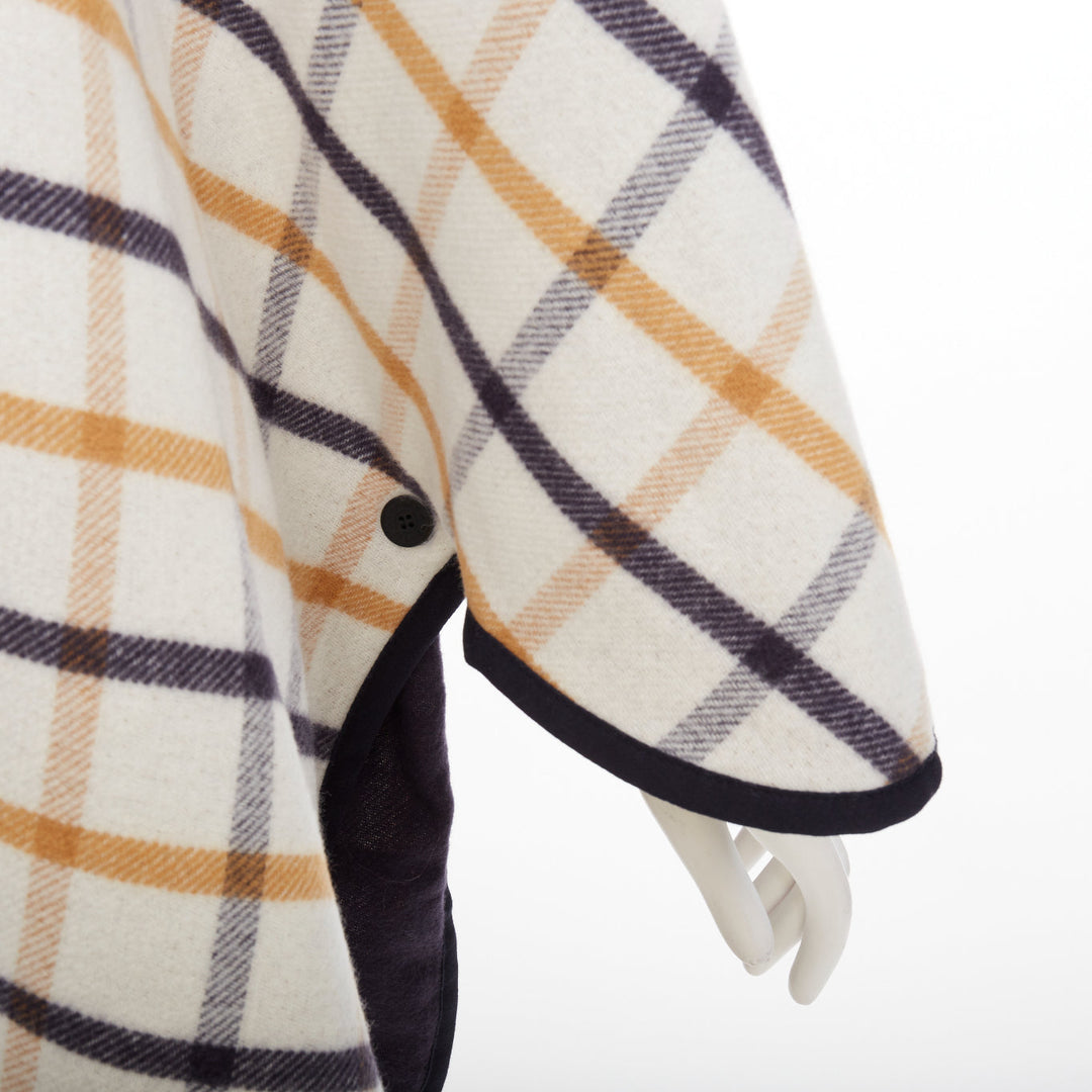HERMES 2025 Camail Reversible navy cream checked cashmere crew cape poncho