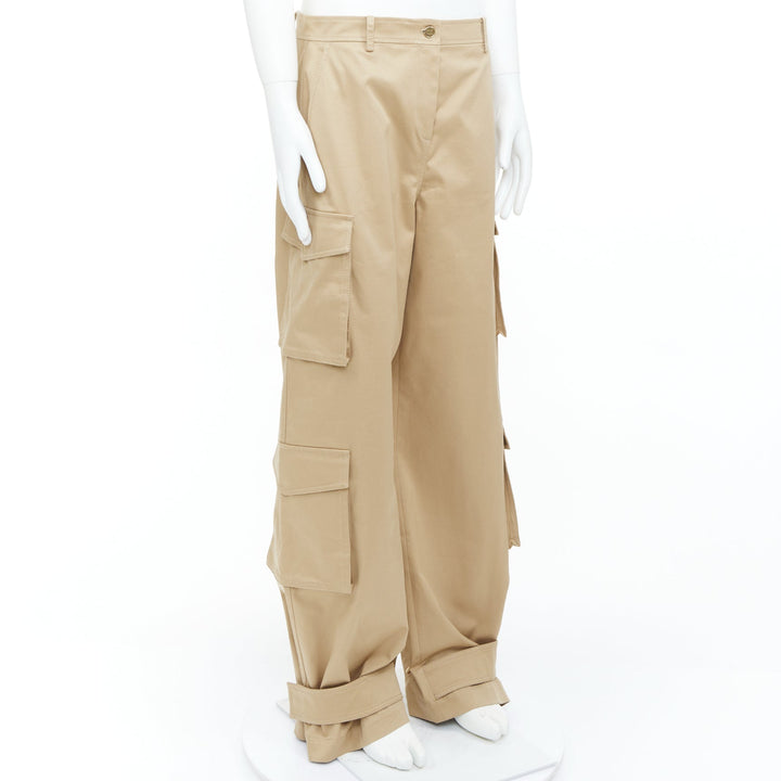 VALENTINO 2023 beige stretch cotton blend gabardine wide leg cargo pants IT46 S