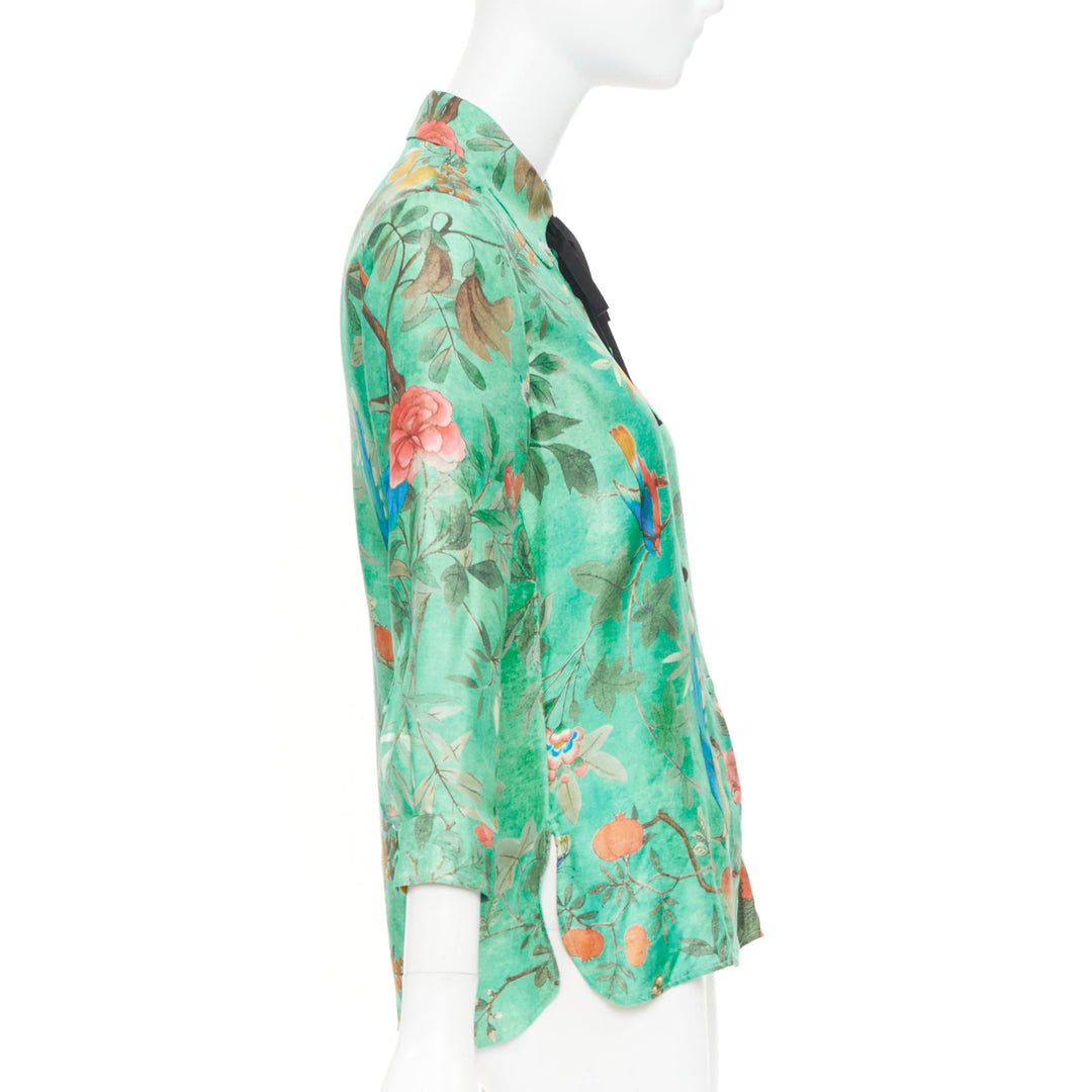 GUCCI 2016 Tian print chinoiserie bird floral silk pussy bow blouse top IT38 XS