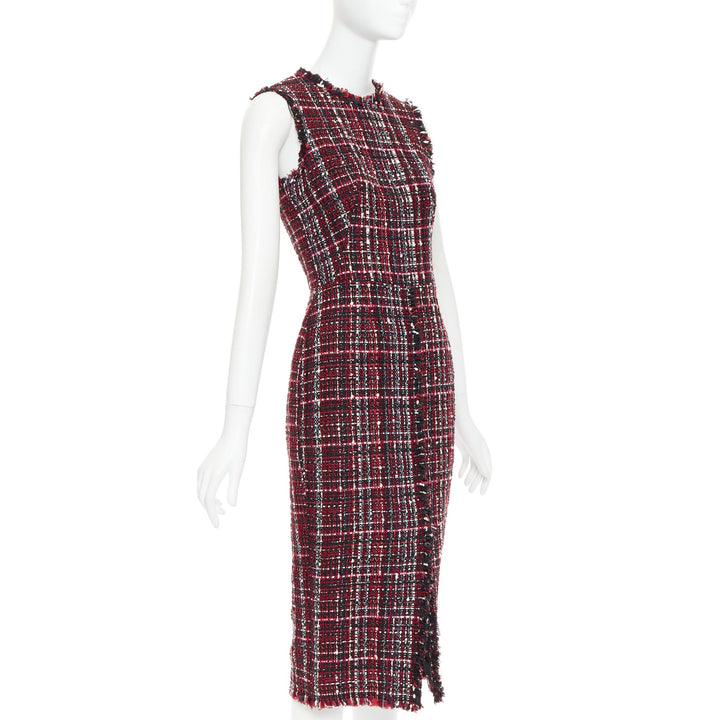 ALEXANDER MCQUEEN 2018 red black tartan tweed front slit shift dress IT38 XS