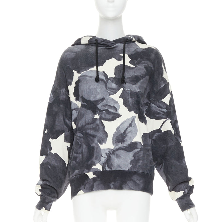 DRIES VAN NOTEN grey ivory cotton abstract rose print black drawstring hoodie S