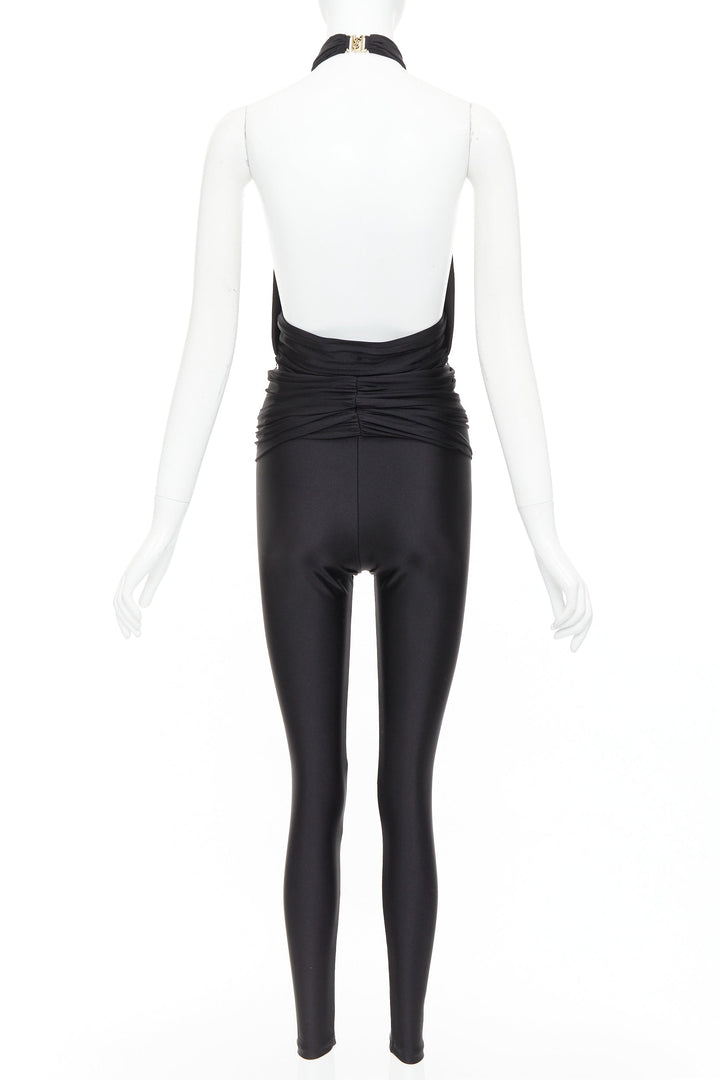 SAINT LAURENT 2022 Runway black gold metal brooch halter cutout jumpsuit Sz.2 M