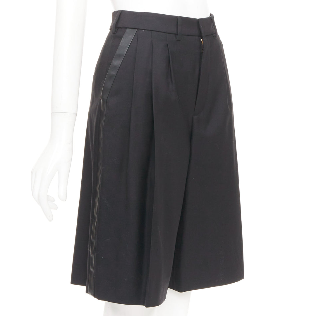 SAINT LAURENT 2012 black wool pleated high waist leather trim shorts FR36 S
