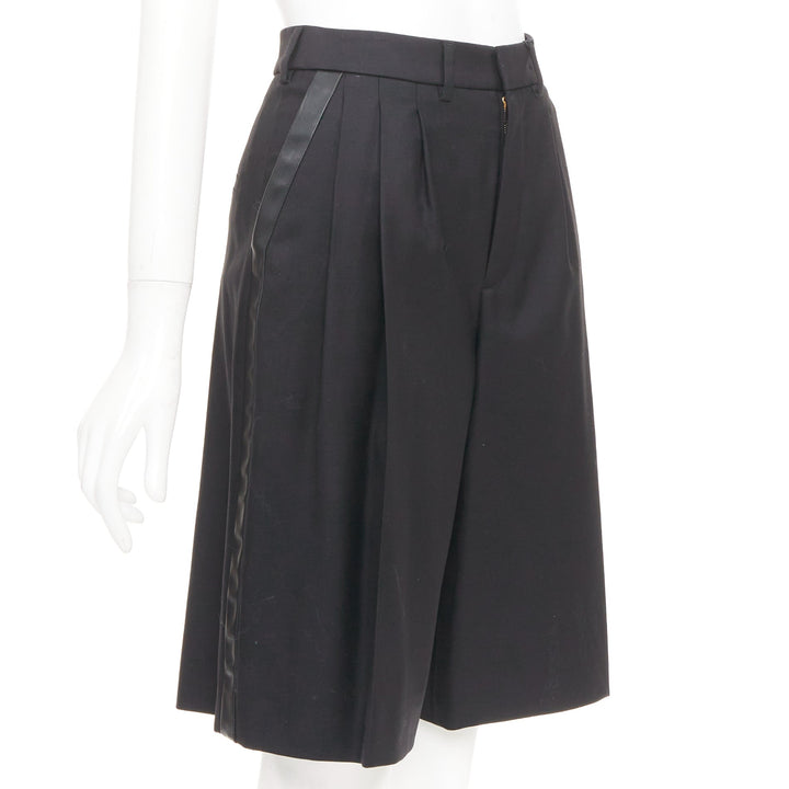 SAINT LAURENT 2012 black wool pleated high waist leather trim shorts FR36 S