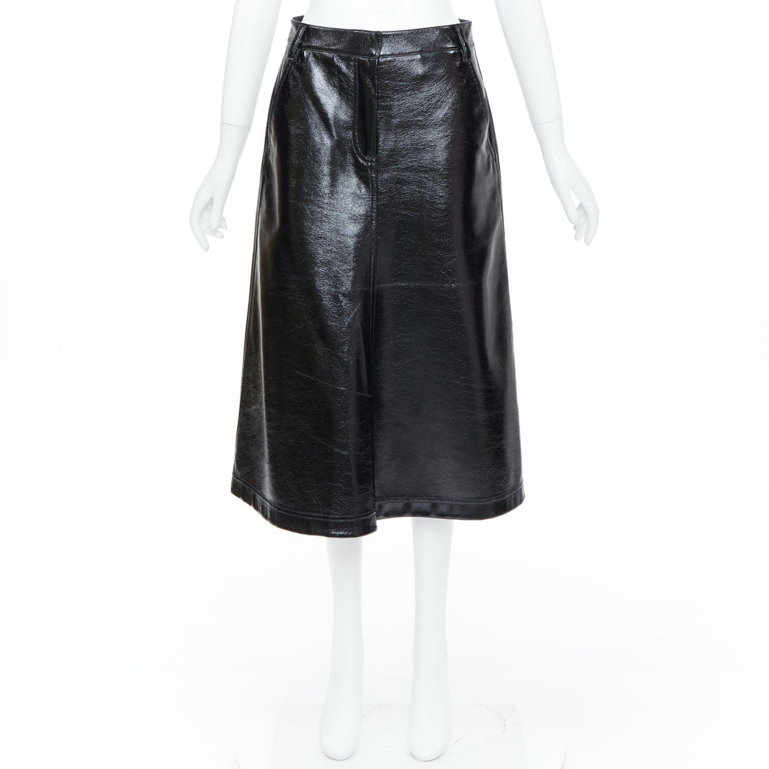 TIBI 2019 glossy black crinkled patent faux leather A-line midi skirt US0 XS