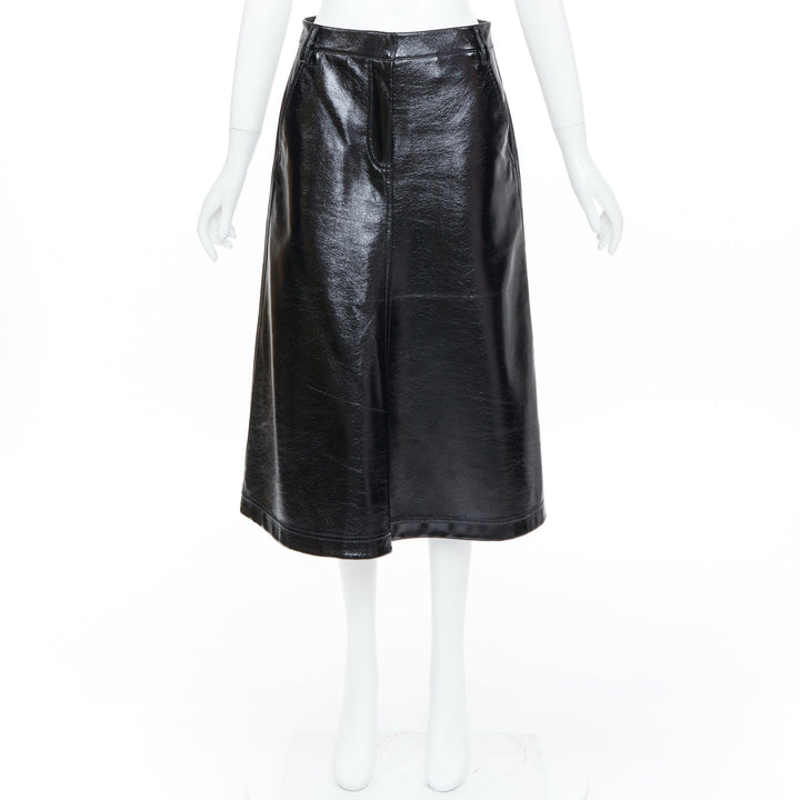 TIBI 2019 glossy black crinkled patent faux leather A-line midi skirt US0 XS