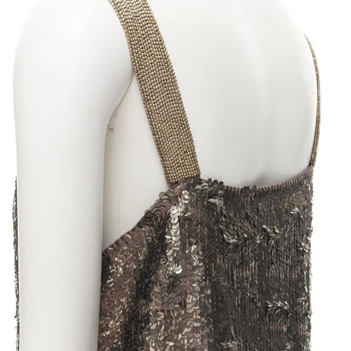 DRIES VAN NOTEN Vintage silver beaded braid neckline silver sequins dress FR40 M