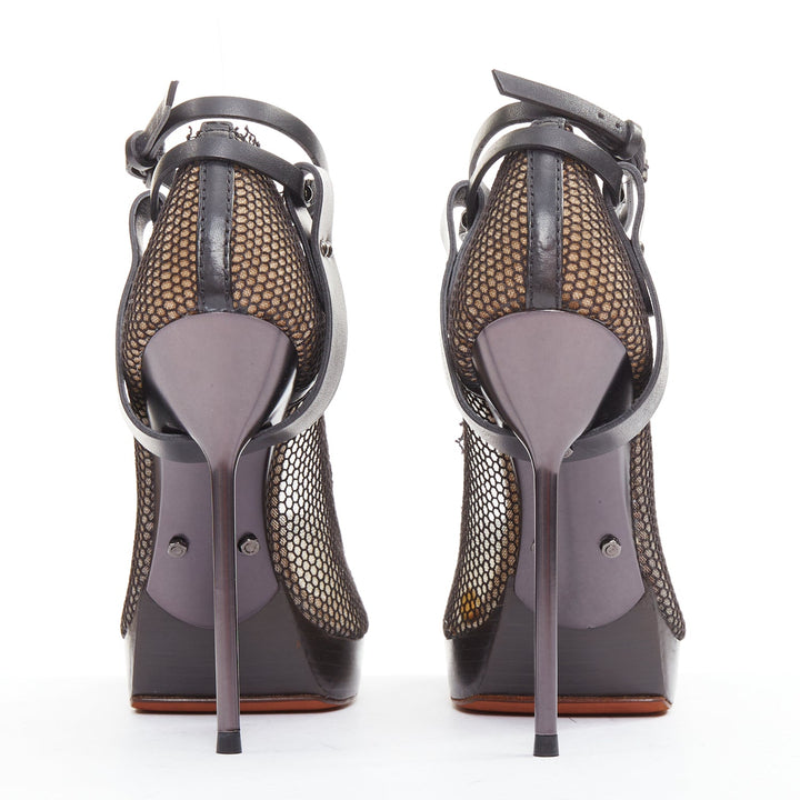 LANVIN 2011 Runway black fishnet mesh ankle harness strap pin heels EU38.5