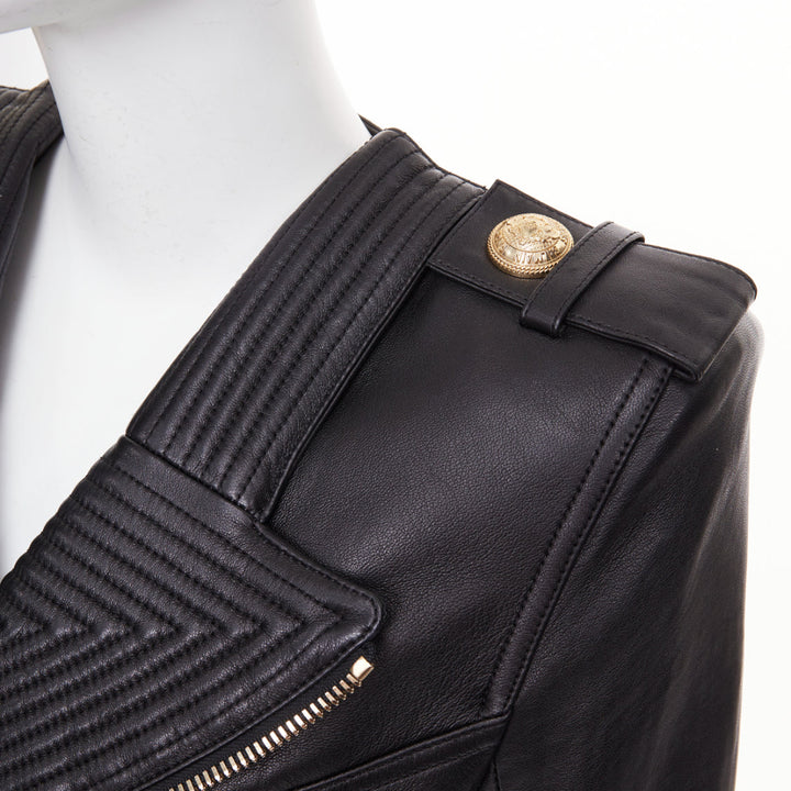 BALMAIN 2020 black quilted lambskin leather belted perfecto biker jacket FR34 XS