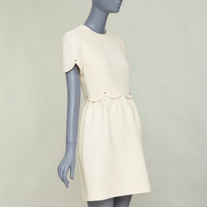 VALENTINO ivory Crepe Couture silver Rockstud scalloped Bambolina dress IT42 M