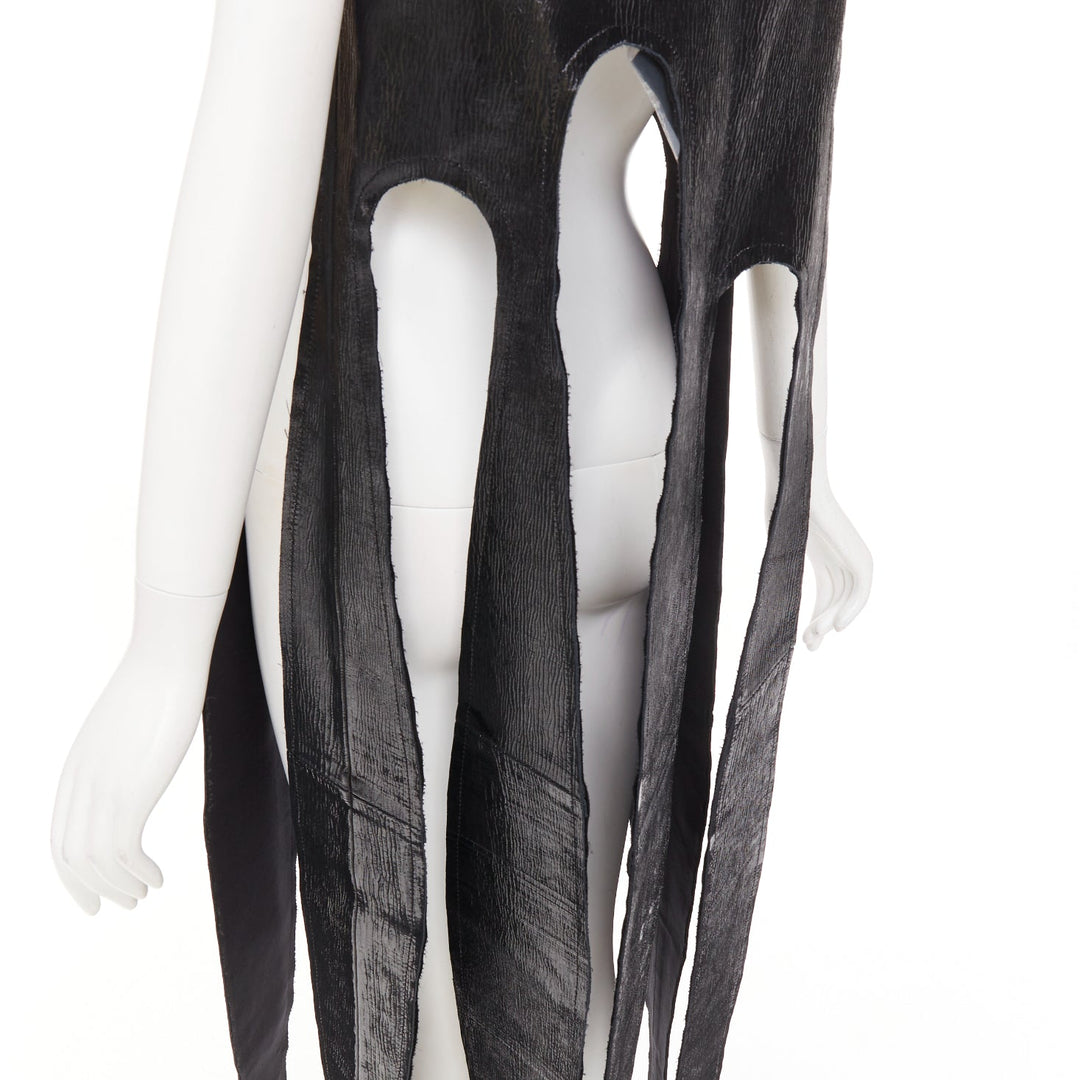rare COMME DES GARCONS 2019 black textured cowhide leather fringed petal top XS