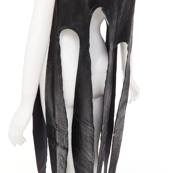 rare COMME DES GARCONS 2019 black textured cowhide leather fringed petal top XS