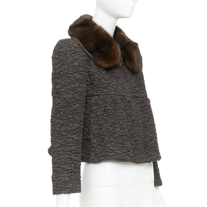 PRADA 2010 brown mink fur collar crinkled quilted puff sleeve jacket IT40 S