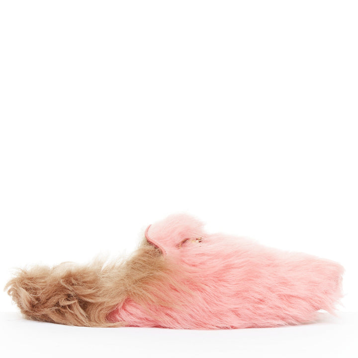 GUCCI Princetown pink brown  fluffy fur gold horsebit slip on loafer mule EU36