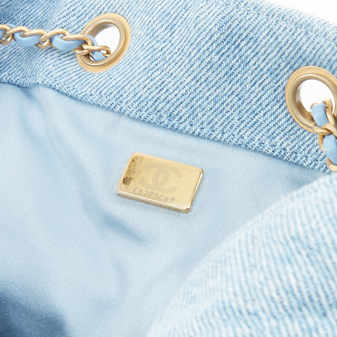 CHANEL Runway 25 Small light blue washed denim gold hardware bucket hobo bag