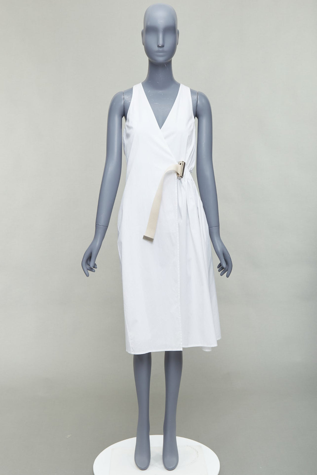 ACNE STUDIOS 2016 Chen Poplin silver buckle beige belted white utility dress FR32 XXS