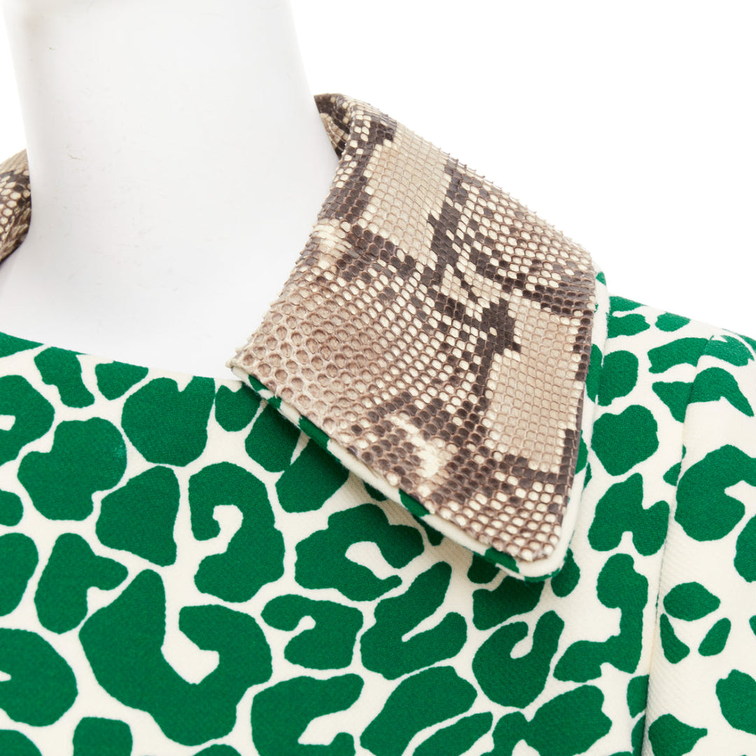 MIU MIU 2015 green wool python leather collar virgin wool print coat IT38 XS