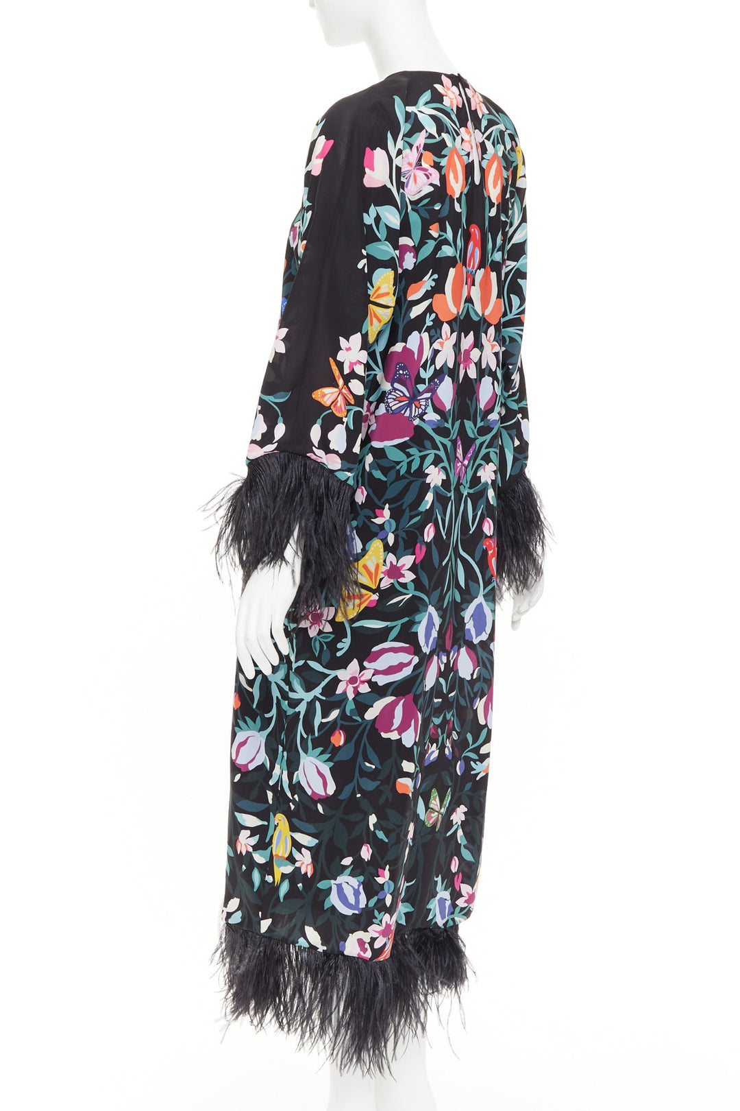 VALENTINO 2021 Runway black floral butterflies feather cuff maxi dress IT40 S