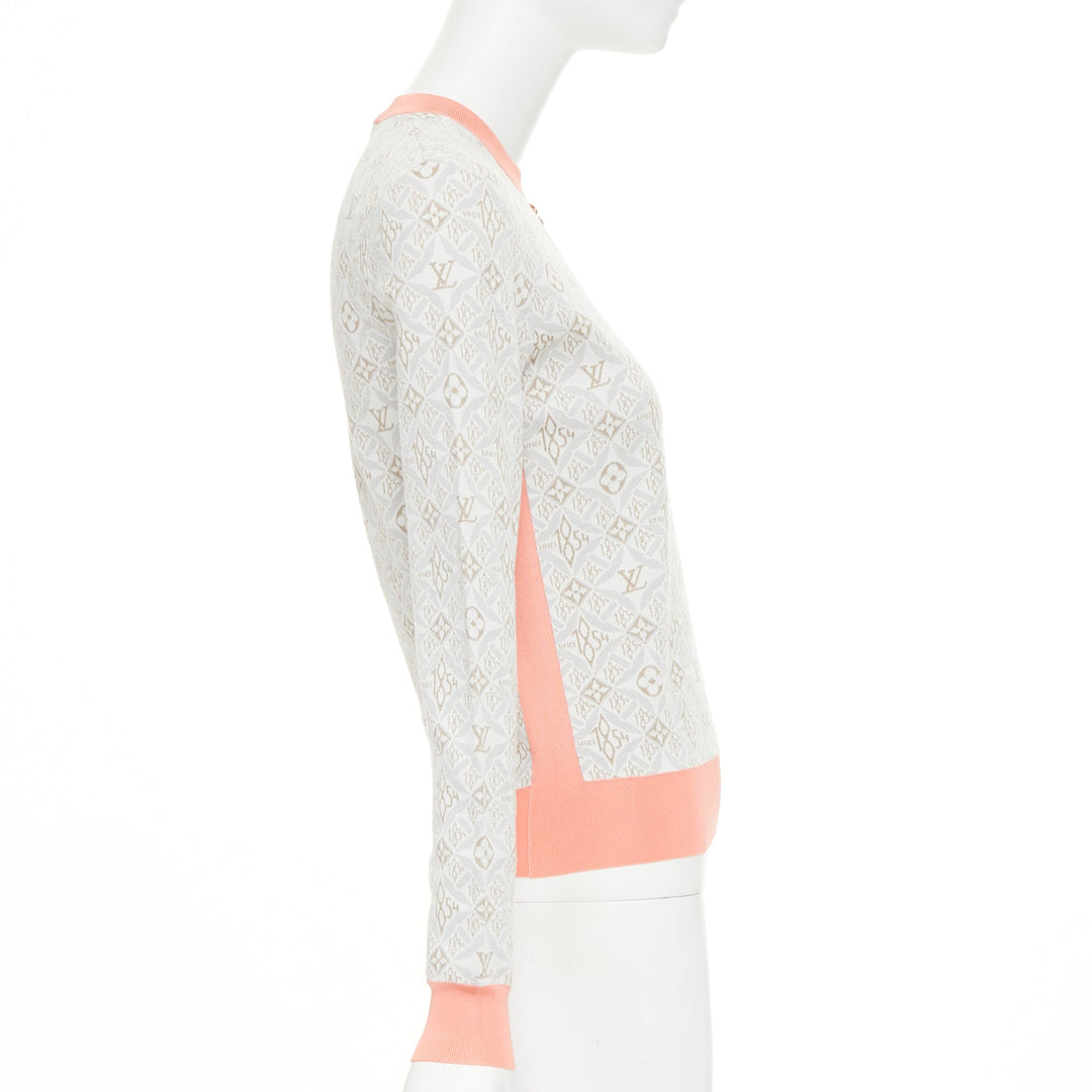 LOUIS VUITTON 2022 Since 1964 Monogram pink grey jacquard gold chain sweater XS