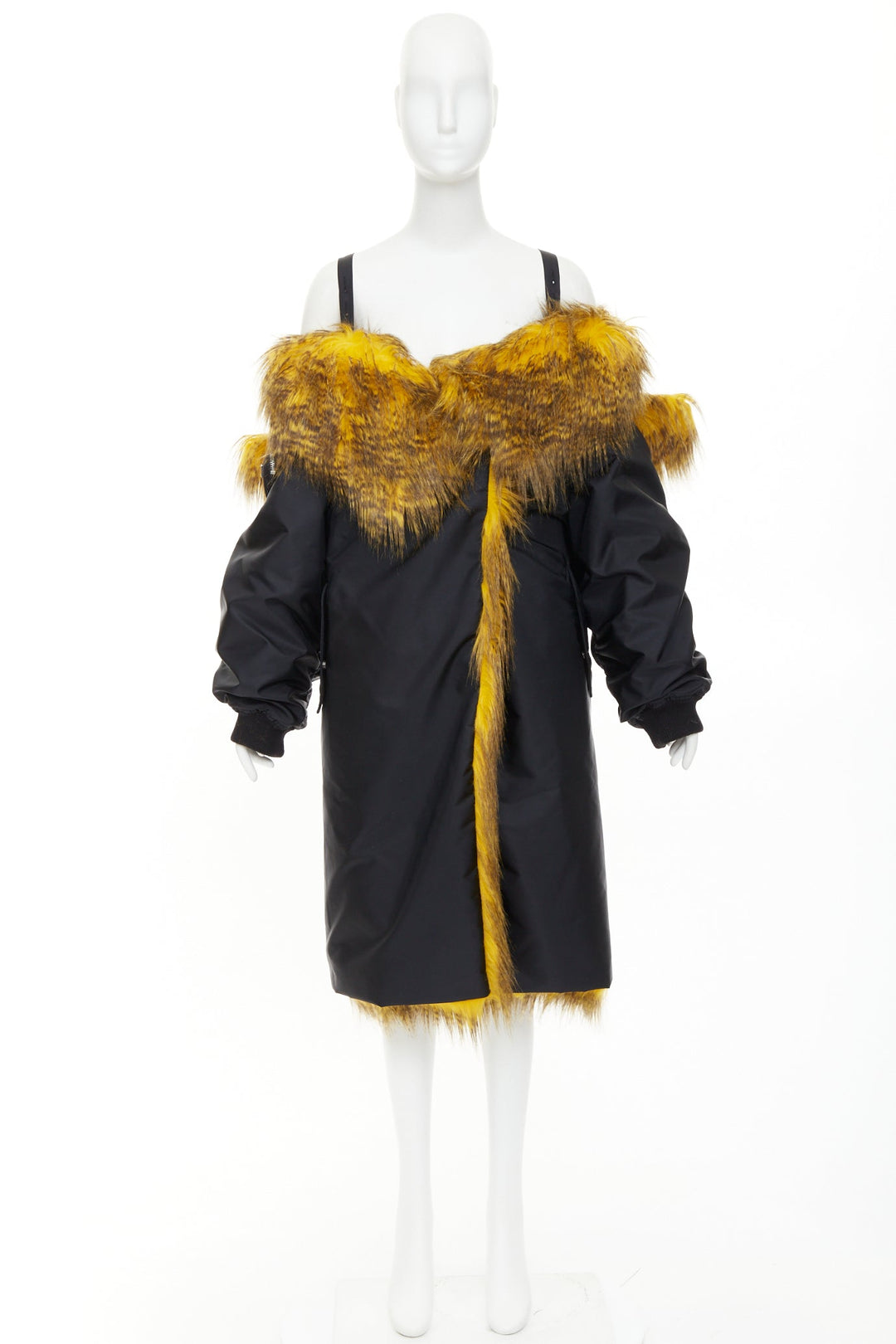 rare PRADA 2021 Raf Simons Runway yellow fur black off shoulder bomber IT38 XS
