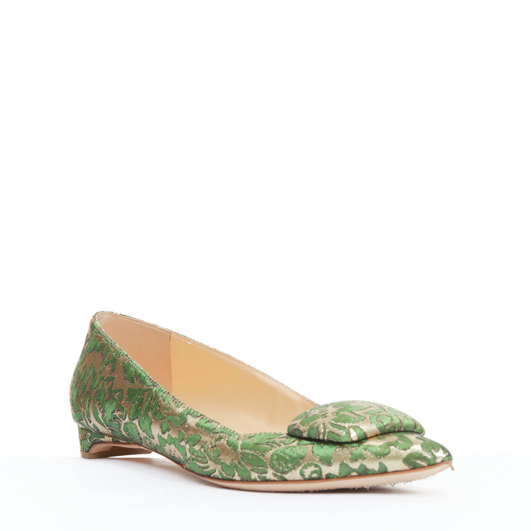 RUPERT SANDERSON Aga green gold brocade embellished pointy flats EU38