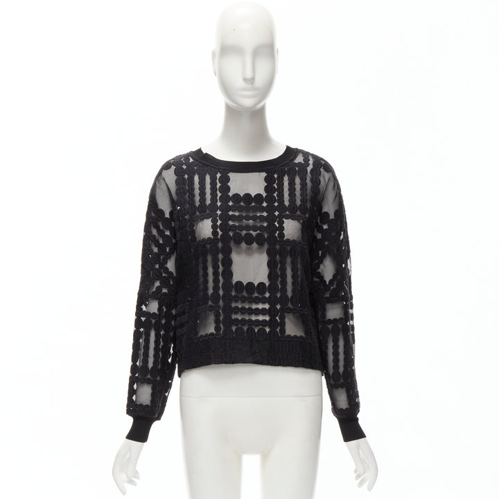 BY MALENE BIRGER black graphic circle embroidery sheer cropped sweater FR36 S