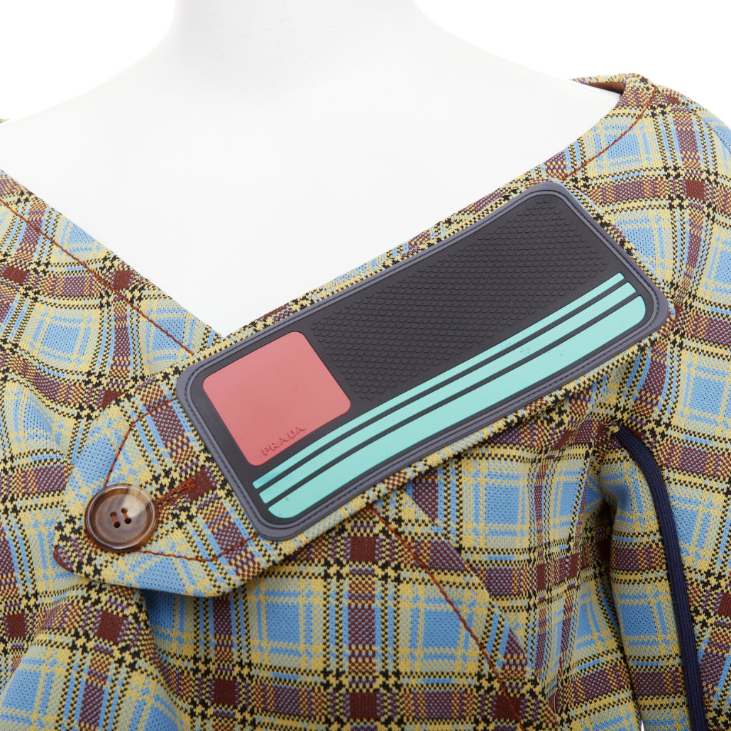 PRADA 2017 Runway blue green check patch drape collar jacket IT38 XS