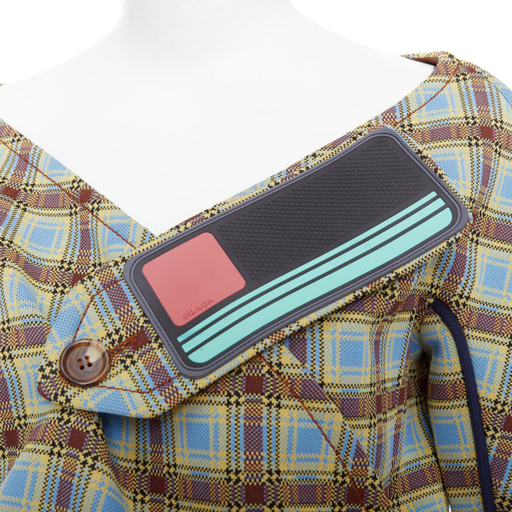 PRADA 2017 Runway blue green check patch drape collar jacket IT38 XS