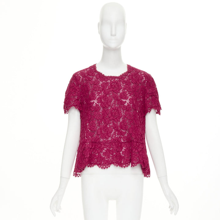 VALENTINO raspberry pink floral lace semi sheer peplum short sleeve top M