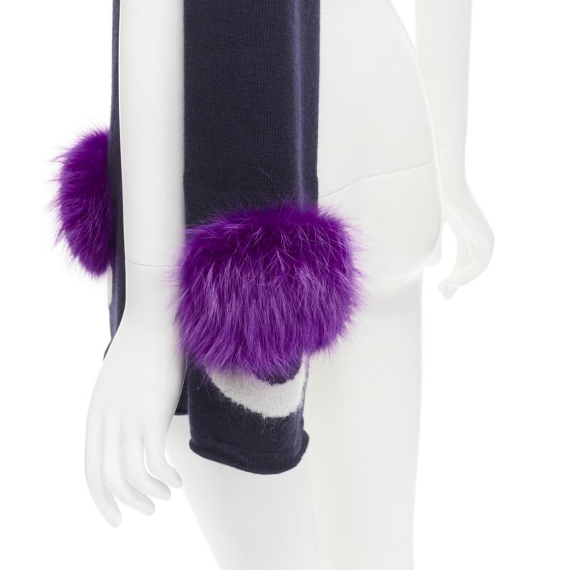 FENDI 100% wool navy blue Signature Monster Eyes purple fur trimmed scarf