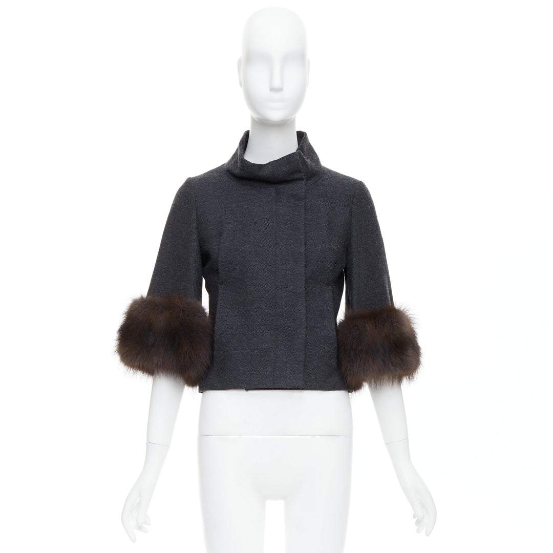 MARNI charcoal grey fur trim flare wool blend cropped jacket IT40 S