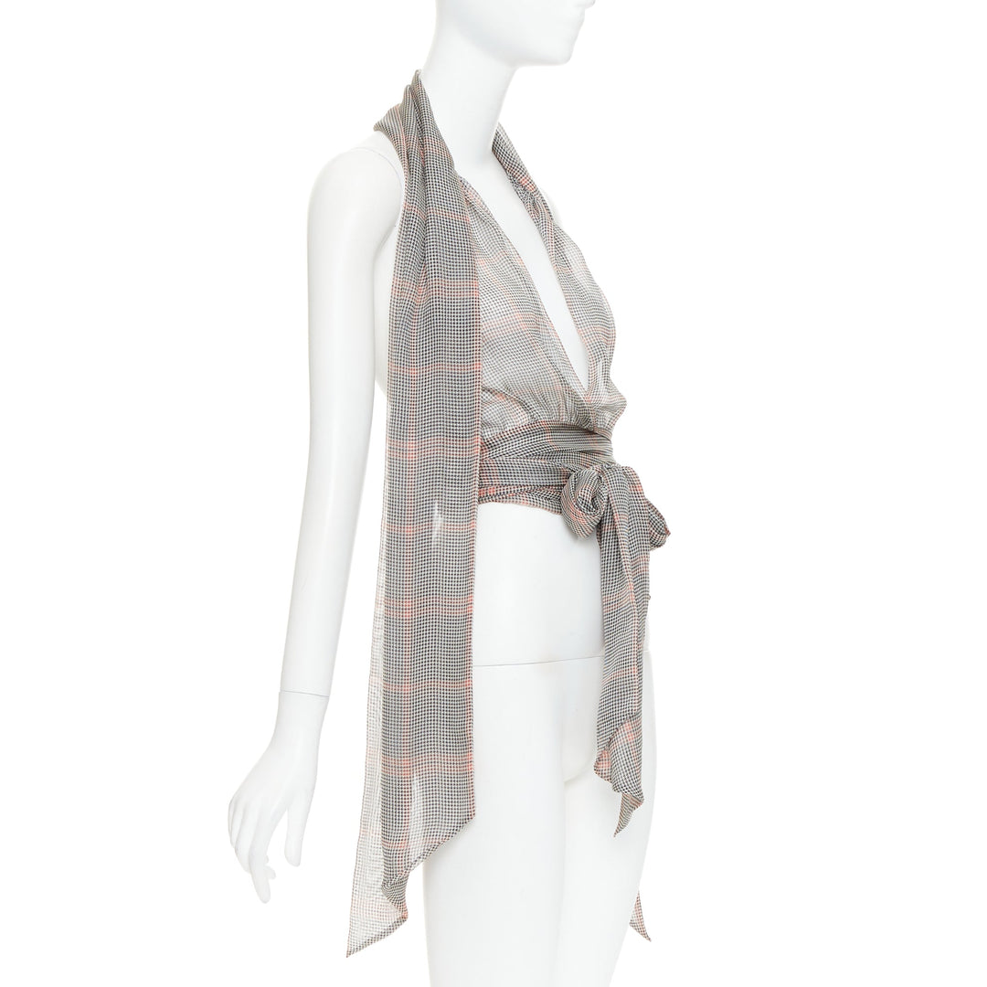 ALEXANDRE VAUTHIER COUTURE Runway grey red silk houndstooth wrap tie halter top