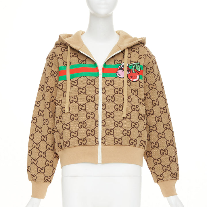 GUCCI GG canvas jacquard Web stripe cherry embroidery cropped zip hoodie XS