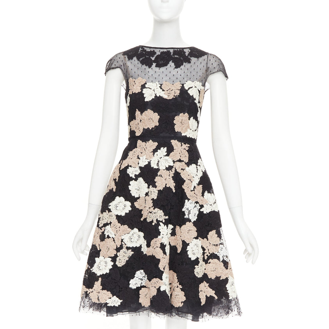 VALENTINO 2013 Runway black ivory beige lace Point d'Esprit sheer midi dress