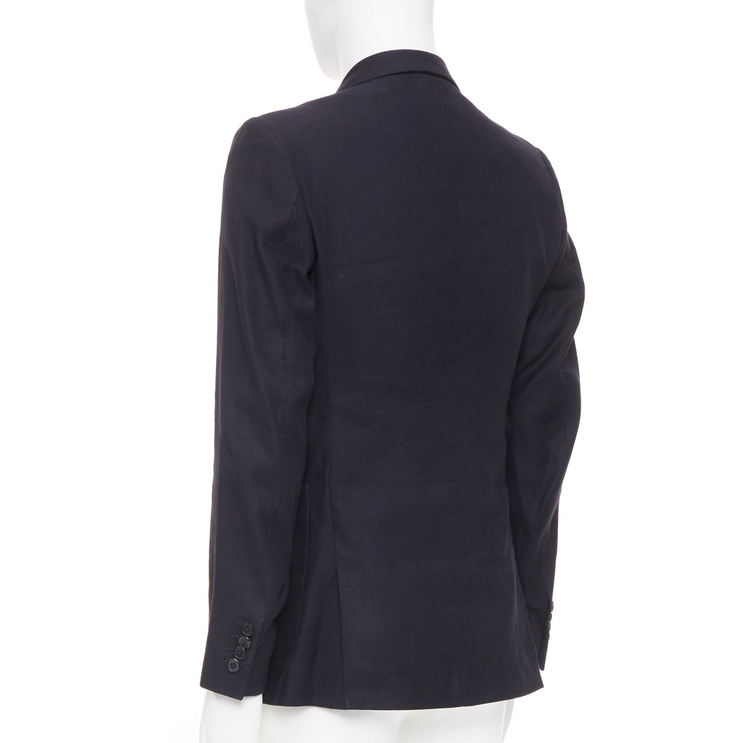 DRIES VAN NOTEN navy black linen cotton patch pocket notch lapel blazer EU46 S