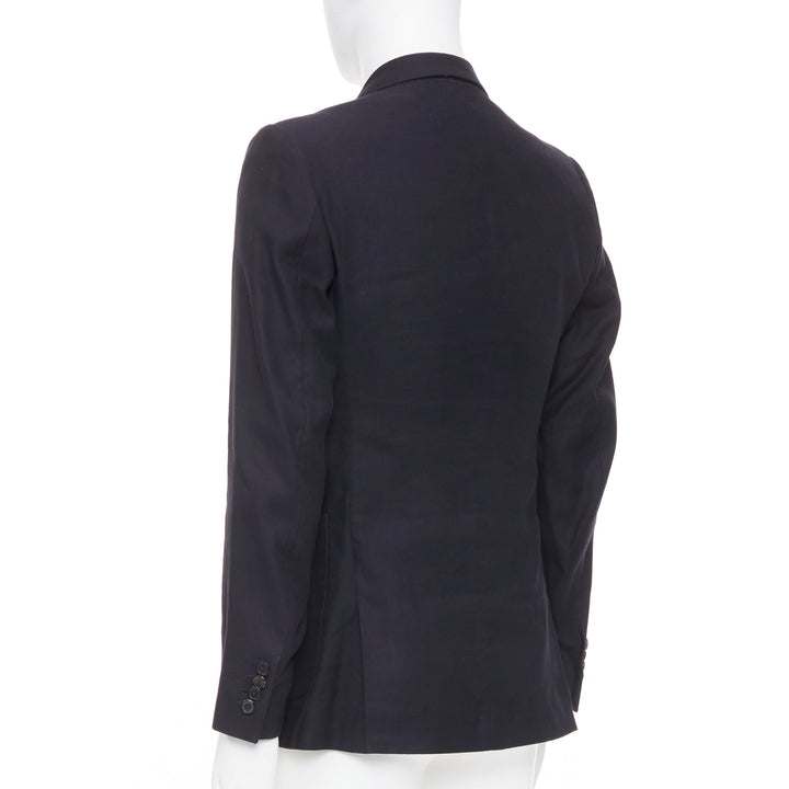 DRIES VAN NOTEN navy black linen cotton patch pocket notch lapel blazer EU46 S